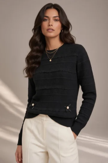 0051 MAGLIA DONNA LAVORATA CON FINTE TASCHINE E FIOCCHETTO TESSUTO IN MISTO VISCOSA - immagine 3