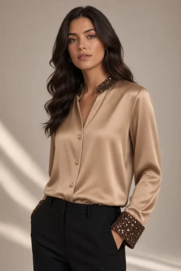 378 CAMICIA DONNA CON PROFILO COLLO E POLSI IN TESSUTO CON PAILETTES - immagine 4
