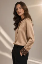 378 CAMICIA DONNA CON PROFILO COLLO E POLSI IN TESSUTO CON PAILETTES - immagine 3