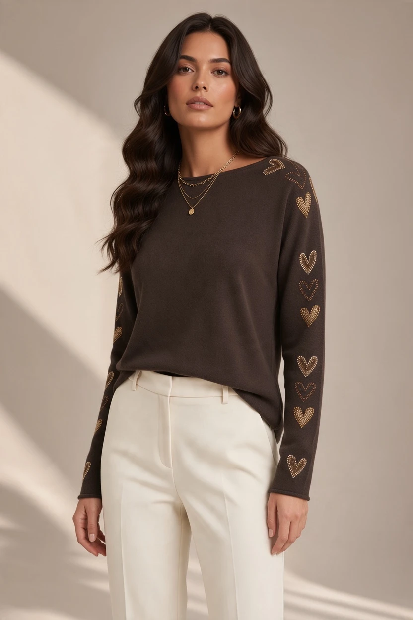 4662 (1) 4662 MAGLIA DONNA CON STRASS A CUORE LUNGO LE BRACCIA.TESSUTO IN MISTO VISCOSA VESTIBILITA' MORBIDA - immagine 1