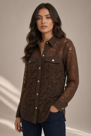 6611 CAMICIA DONNA IN PIZZO COLLO,POLSO E TASCHINO IN TESSUTO - immagine 4