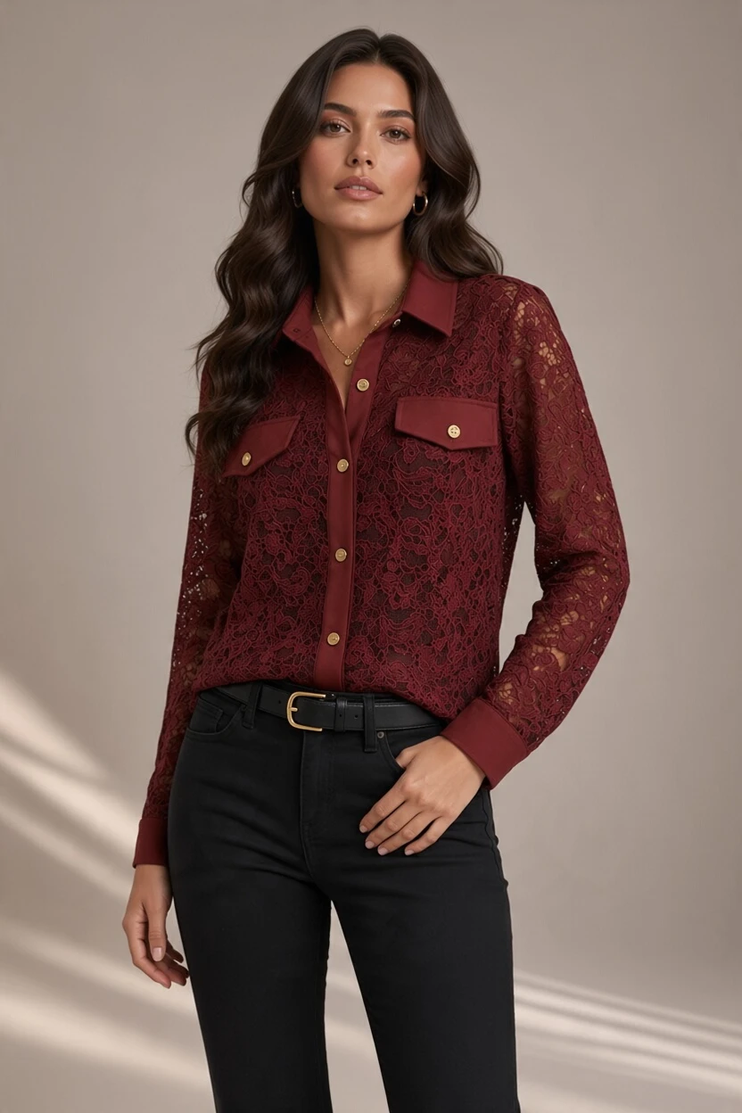 6611 (4) 6611 CAMICIA DONNA IN PIZZO COLLO,POLSO E TASCHINO IN TESSUTO - immagine 1