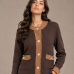 899 CARDIGAN DONNA CON PROFILI IN CONTRASTO,BOTTONI DORATI TESSUTO MISTO VICOSA