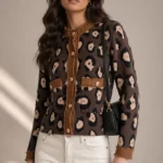 947 CARDIGAN DONNA MACULATO CON PROFILI IN CONTRASTO E BOTTONI DORATI.TESSUTO IN MISTO VISCOSA