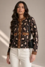 947 CARDIGAN DONNA MACULATO CON PROFILI IN CONTRASTO E BOTTONI DORATI.TESSUTO IN MISTO VISCOSA